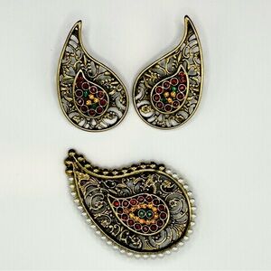 Vintage Giobello di Firenze Paisley Brooch & Clip-On Earrings Set